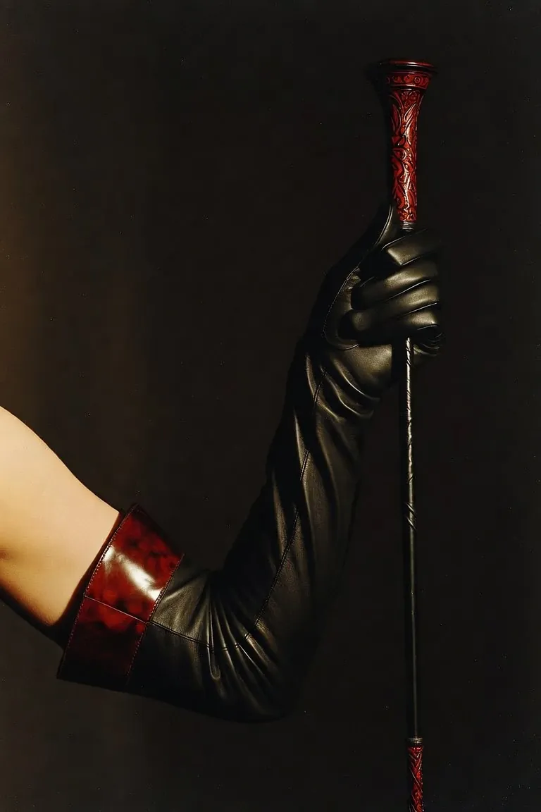 Main gantée de cuir tenant une cravache : femdom et findom